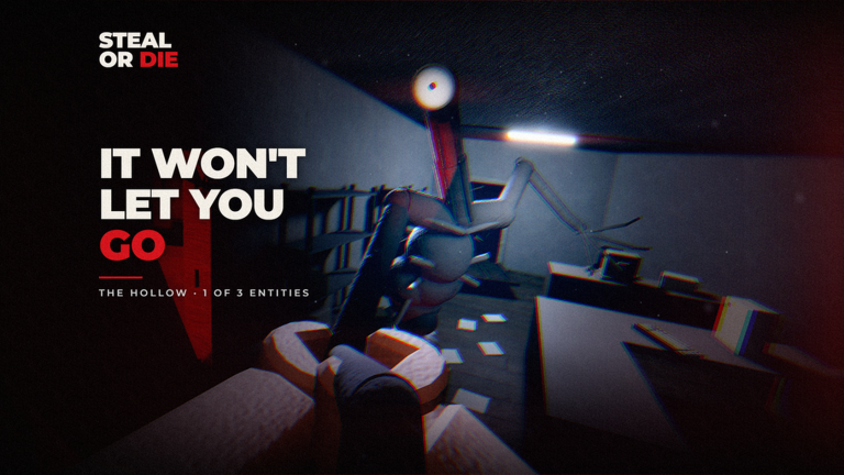 Promo art labeled The Hollow, 1 of 3 entities, in a dark office.