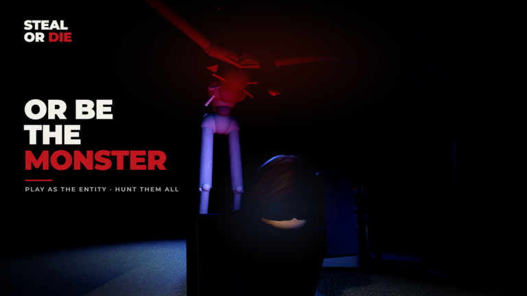 Tall pale figure under red light with the words or be the monster.